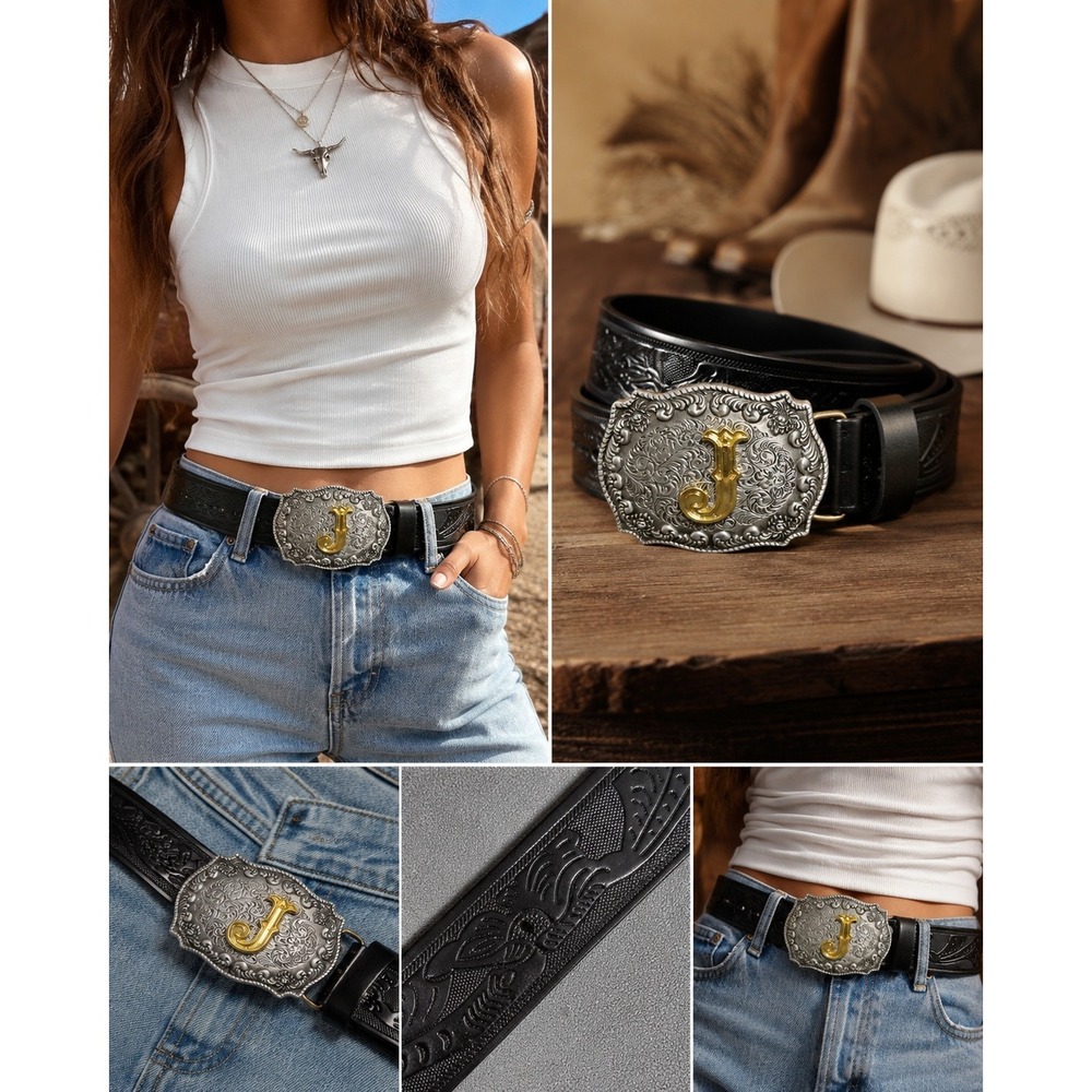 Western Floral Engraved Black Belt Gold Letter J Buckle Cowboy Cowgirl M/L